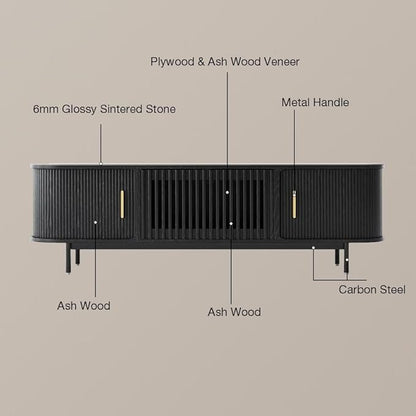 POVISON Sliding Tambour Door TV Stand, Mid Century Modern Sintered Stone TV Console, Wood Media Console for 85 Inch TV, Entertainment Center with Storage Cabinet, Fully-Assembled (Black, 94.49")