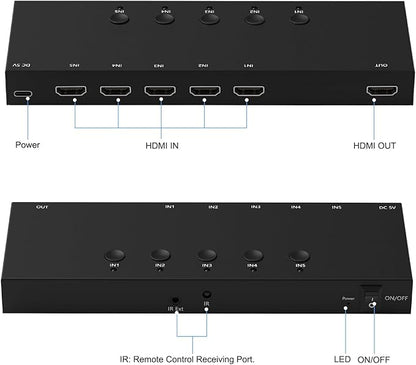 RuiPuo 5Port HDMI Switcher 4K@60Hz 5In 1Out HDMI Selector with IR Remote Supports Full HD 4K/1080P/3D & HDCP2.2 for Switch,Xbox,PS4/PS5,Fire Stick,Roku,Apple TV etc.