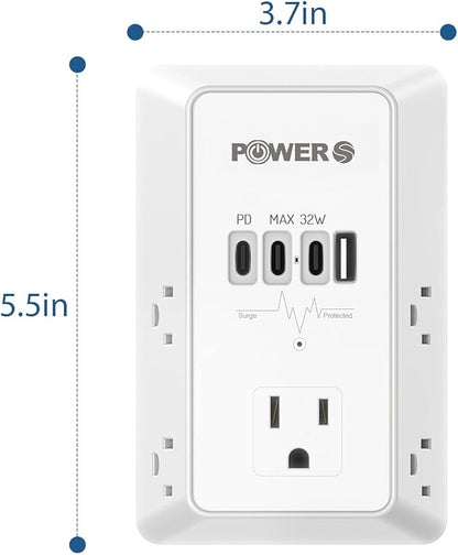 20W PD Fast Charging Wall Outlet with USB Ports (3C1A), Electrical Outlet Extender, Surge Protector, Wall Plug Adapter for Multiple Devices, Wall Socket Expander