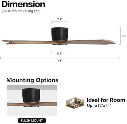 WINGBO 48" Flush Mount DC Ceiling Fans without Lights, 5 Carved Solid Wood Blades, 6-Speed Reversible DC Motor, Low Profile Hugger Ceiling Fan No Lights for Living Room Bedroom Patio, Black and Walnut