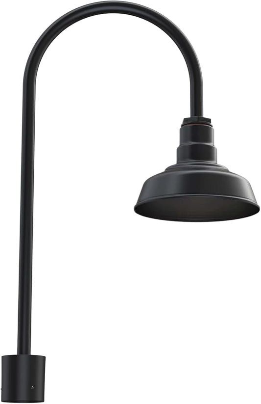 Steel Lighting Co. Hawthorne Light | Outdoor Pole Top Mounted | 8" Dome | Upslope Gooseneck with Slip Fitter for 2-3/8" Standard Poles | Made in America | Matte Black Exterior/Matte Black Interior