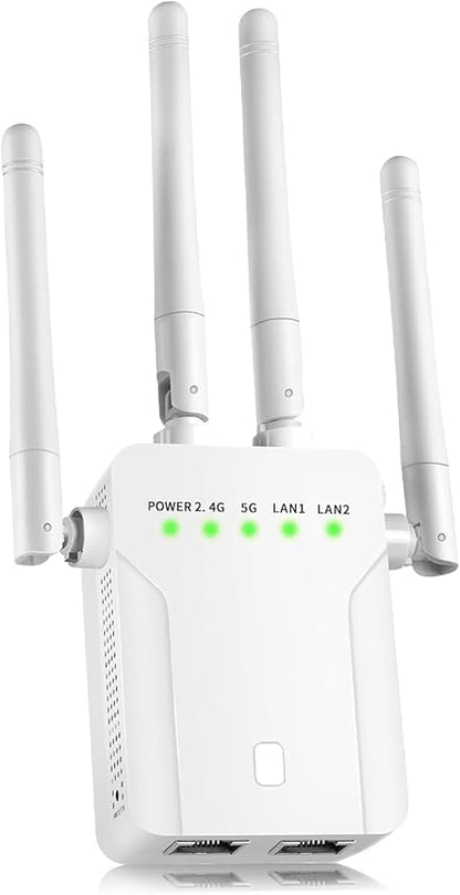 WiFi Extender Signal Booster,WiFi Extender, 5G WiFi Booster (Up to 10000sq. ft for 55+ Devices), WiFi Repeater with 4 Antennas 360° Coverage, WPS 1-Tap Setup with Dual Band 1200Mbps