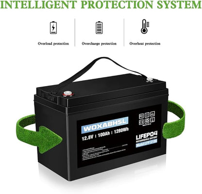 WOXABHSL 4 PCS 12V 100AH Lifepo4 Lithium Battery Up to 15000+ Deep Cycles, Buit in 100A BMS Perfect for Trolling Motors, Boat, Marine, Rv, Solar