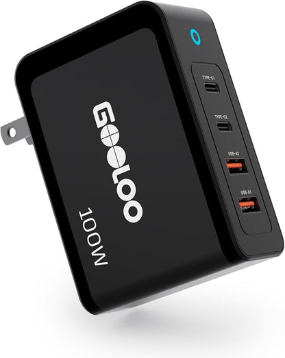GOOLOO 100W USB C Charger Block, 4-Port Foldable Compact Fast Wall Charger for MacBook Pro/Air/iPad/iPhone Series and More, SuperSafe Power Adapter for GT3000/GT4000S/GT4000/GT6000/A7 Jump Starters