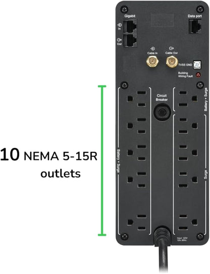 APC UPS 1500VA Sinewave UPS Battery Backup, BR1500MS2 Backup Battery Power Supply, AVR, 10 Outlets, (2) USB Charger Ports