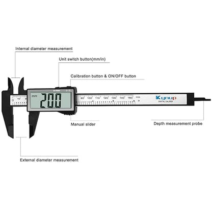 Kynup Caliper Measuring Tool, Digital Caliper Outside Micrometer with Large Screen,6Inch Caliper Tool for Mechanics, Jewelers, Woodworkers, Inch and Millimeter Conversion