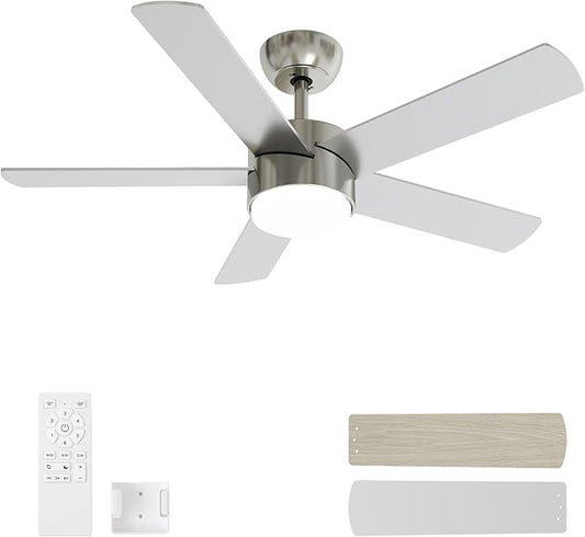 POCHFAN 42 Inch Brushed Nickel Ceiling Fans with Lights,Ceiling Fan with Remote Control,Reversible DC Motor,3 CCT 6-Speed,Noiseless Ceiling Fan for Bedroom,Living Room,Dining Room,ETL Listed