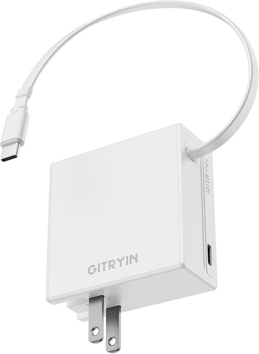 65W USB C Retractable Wall Charger with Built-in Type-C Cable, Portable Fast Charger Block with Foldable Plug, Compatible for Laptop, MacBook Pro/Air, iPhone 16/15, Galaxy S25, Pixel, iPad