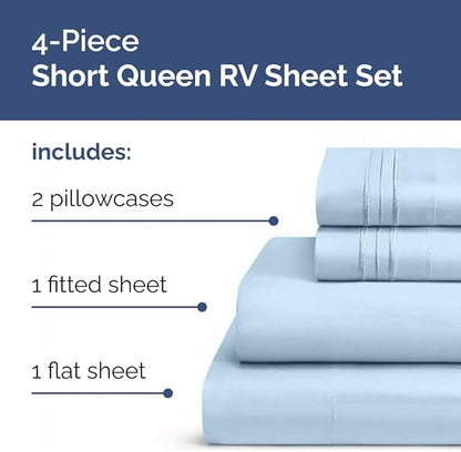 RV Short Queen Sheet Set 60 X 75 - 4 Piece RV Short Queen Bed Sheets - Soft, Breathable & Cooling - Designed for Bunks, Trailers & Campers - Fits 8” to 12" Mattress - Hotel Luxury Bedding - Light Blue