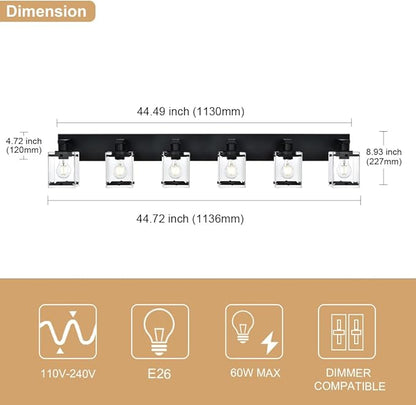 WINSHEN 6-Light Bathroom Light Fixture Black Finish, Modern Vanity Lighting with Rectangular Clear Glass for Over Mirror Kitchen E26 Bulb Base
