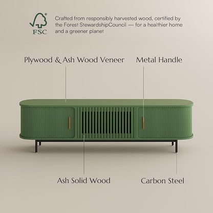 POVISON Fully-Assembled Modern Green TV Stand with Tambour Doors, Fluted TV Media Console for 65 Inch TVs, Sliding Door Entertainment Center with Storage for Living Room (Green, 70.87")
