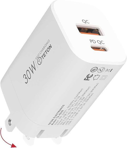 30W USB-C Fast-Charger Adapter,(Foldable) TETON ELECTRONICS PD Wall Charger Block PD QC 3.0 PPS Dual Port Type C Charger for iPhone16/15/14/13,Samsung S21/S22,Note 20,Pixel 7/8 pro,iPad, AirPods.