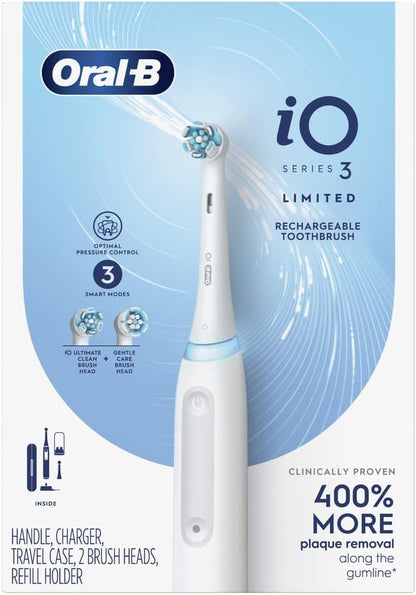 Oral-B iO Deep Clean Rechargeable Electric Toothbrush, White, iO Series 3 Limited, 2 Brush Heads, Travel Case, Pressure Sensor, 3 Cleaning Settings, 2-Minute Timer