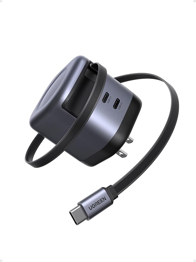 UGREEN Nexode 45W 3 in 1 Compact GaN Charger, Retractable USB C Fast Wall Charger with Foldable Plug, Compatable for iPhone 16/15/14/13/12/11 Series, Galaxy, Pixel, iPad, Space Grey