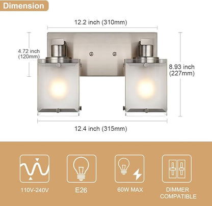 WINSHEN 2-Lights Wall Sconce Lighting, Brushed Nickel Bathroom Vanity Light Fixture with Rectangular Frosted Glass for Over Mirror, E26 Bulb Base