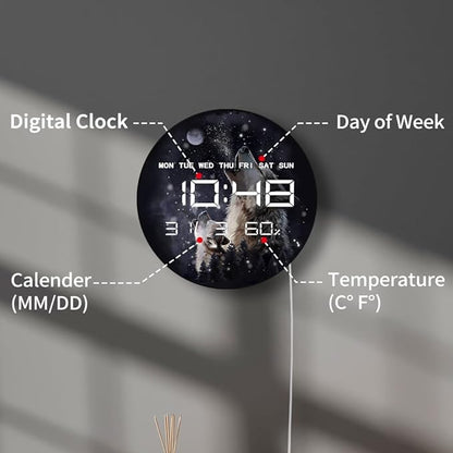 Timethink 12'' Full Moon Howling Wolves Digital Wall Clock Large Display, Forest Wildlife Wolf Decor Electric Wall Clock Auto-Brightness, Temperature, 12/24hr, Date, USB Powered for Man Cave Bedroom