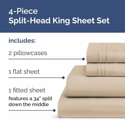 Split Head King Sheets Set - Top Split King Sheets for Adjustable Beds, Easy-Fit Split Head King Mattress - Flex Split Top King Sheets, Easy-Fit, Breathable, Deep Pocket Split King Sheets Set - Wheat