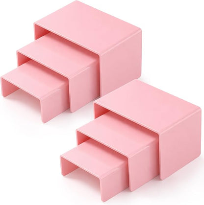Chuangdi 2 Sets Acrylic Display Risers, Product Stand, Jewelry Display Riser Shelf Showcase Fixtures for Dessert Cupcake Candy Figure Treat Action Showcase(Pink,Small Set)