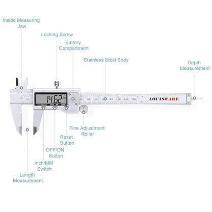 Digital Caliper Measuring Tool, Stainless Steel Vernier Caliper Digital Micrometer with Large LCD Screen, 6 Inch Caliper Tool for DIY/Household, Auto-Off Feature, Inch and Millimeter Conversion