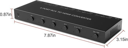 4 Port RCA to HDMI Converter 1080P/720P RCA Composite CVBS AV Switch to HDMI Converter Adapter Support 4:3/16:9 Switch, for Sega Xbox PS1 PS2 PS3 N64 NGC SNES WII VHS VCR Camera DVD(With Remote）