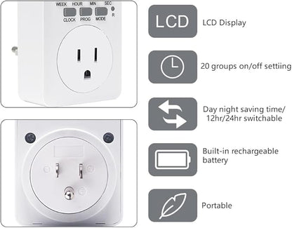 Digital Plug-in Timer Outlet Socket 20 on/Off Programmable Timer Switch 24 Hours 7 Days Programs and Countdown Energy Saving Timing Plug Socket (15A 1725W 115VAC)