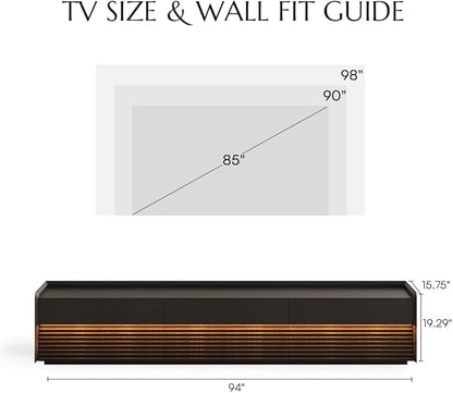 POVISON Fully-Assembled Mid Century Modern TV Stand, 94.49" Wood Media Console with Adjustable LED Light, Entertainment Center with Storage for Living Room