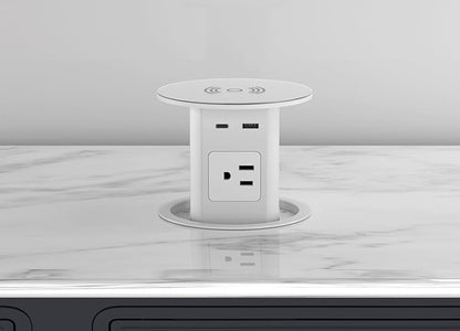 MAZZGOFOR Pop up Outlet - 4-inch Hole,4-AC Outlet,20W USB C,15W Wireless Charging,2-USB Port,Desktop Recessed Grommet Power Outlet for Kitchen Island Countertop,6 ft Cable,White