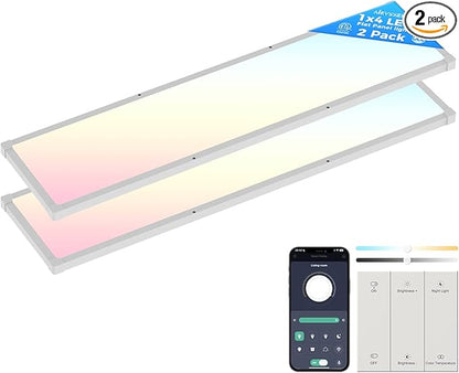 AIKVSXER 2 Pack 1x4 FT LED Flat Panel Light Surface Mount, with Wireless Switch & App Control, Night Mode, 50W 5500LM, 3000K/4000K/6500K, Ultra-Thin LED Light for Office Home,120-277V - White