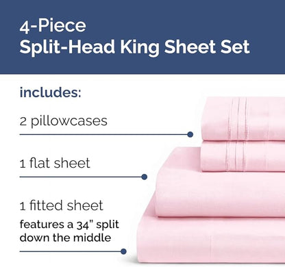 Split Head King Sheet Set – 4 Piece Flex Split Top King Sheets for Adjustable Beds - Fits 14” to 16" Mattress w/ Deep Pockets - Soft, Breathable & Cooling - Luxury Bedding & Wrinkle Free - Light Pink