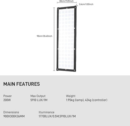 GVM Z200B Flexible LED Light Panel with Bluetooth Control, 200W Photography Light with Zipper Splicable, 2700K-6800K, Ultra-Thin 12"x36" Video Light with Softbox for Studio, Film, Vlog, Photography