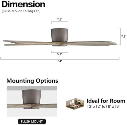 WINGBO 54" Flush Mount DC Ceiling Fans without Lights, 5 Carved Solid Wood Blades, 6-Speed Reversible DC Motor, Low Profile Hugger Ceiling Fan No Light for Living Room Bedroom Patio, Graphite and Gray