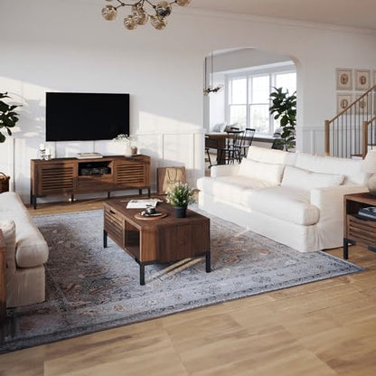 Bme Millie Coffee Tables for Living Room - Industrial Rustic - Two Drawers - Open Shelf - Rustic Scuffed Texture - Convenient Metal Handle and Sturdy Legs with Levelers - Easy Assembly - Chestnut