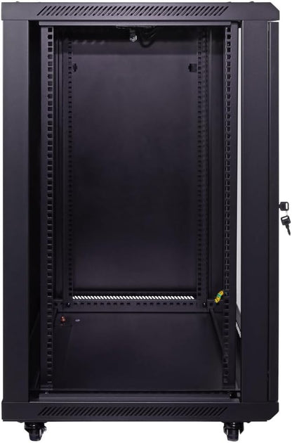 NavePoint 18U Server Cabinet Wall Mount Rack Enclosure with Caster Wheels, 2 Fans, Locking Glass Door, Removable Side Panels – 18U Network Cabinet 23.6” Deep, 19” Server Rack for IT Equipment