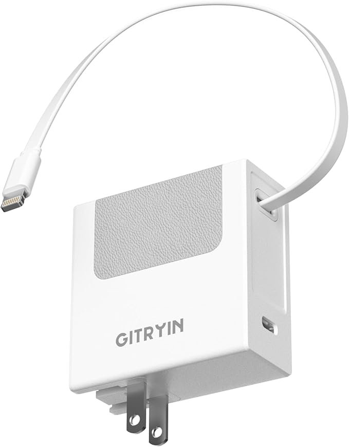 Portable USB Phone Charger Block, Retractable Wall Charger with 31.5in Retractable Lightning Cable, 40W Fast Charging Block with USB C Port, Power Adapter with Foldable Plug for iPhone14/13/12