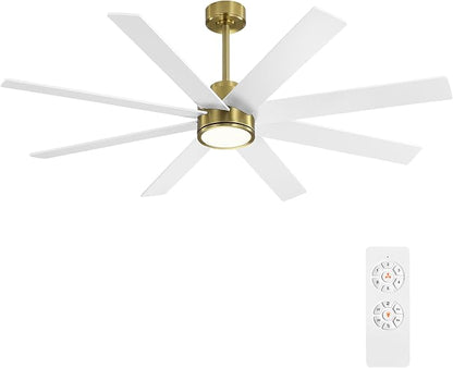 WINGBO 60" Large DC Ceiling Fans with Lights and Remote, 3 Downrods, 8 Plywood Blades, 6-Speeds Reversible DC Motor, 3CCT, Indoor Ceiling Fan for Bedroom Living Room Patio, Brass and White