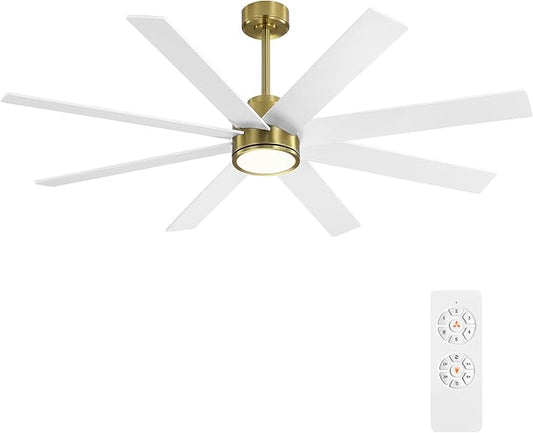 WINGBO 60" Large DC Ceiling Fans with Lights and Remote, 3 Downrods, 8 Plywood Blades, 6-Speeds Reversible DC Motor, 3CCT, Indoor Ceiling Fan for Bedroom Living Room Patio, Brass and White