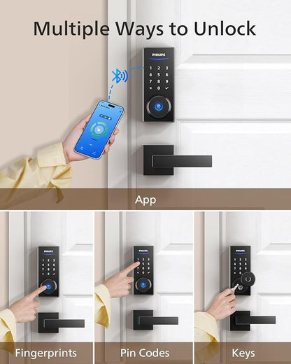 Philips Smart Lock with Handles, Keyless Entry Door Lock Set, Smart Door Lock with 2 Level Handles, Digital Keypad Deadbolt for Front Door, App Fingerprint PIN Code Unlocking, Auto Locking