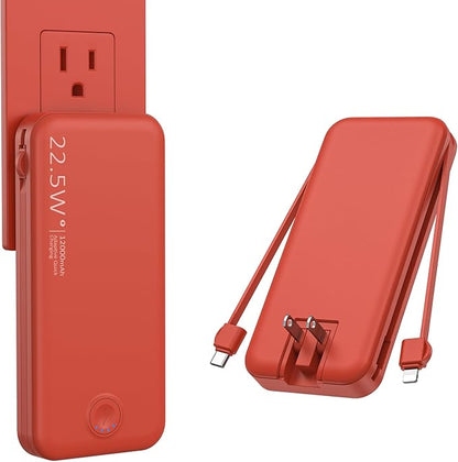Nusyddy Portable Charger, 12000mAh 22.5W Fast Charging Power Bank with Built-in Cables & Wall Plug, Travel Essentials External Battery Pack, USB C Battery Phone Charger for iPhone, iPad, Samsung Red