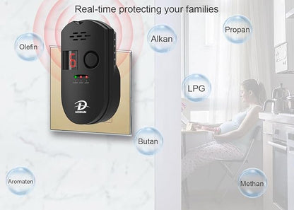 D MODUN Gas Detector, Natural Gas/LPG/City Coal Gas Leak Detector, Plug-in Sensor Gas Monitor with Sound Alarm and LED Display, Methane Propane Butane Combustible Gas Alarm for Kitchen RV Garage-Black