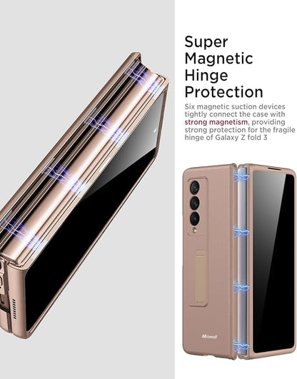 Miimall for Samsung Fold 3 Case with Privacy Screen Protector, Built-in Adjustable Kickstand & Magnetic Hinge & Camera Lens Protective All-Inclusive Phone Case for Galaxy Z Fold3 5G Champagne Gold
