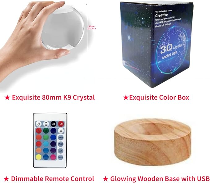 Panda Crystal Ball Lamp,3.15 inch 3D K9 Crystal Ball Panda Night Light,16 Colors Changing Light,Dimmable Remote Control,Panda Lamp Gift (L)