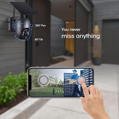 Ctronics 3MP Solar Security Camera Wireless Outdoor WiFi, PTZ Surveillacne Camera Battery-Powered for Home Security, 360° View, LED Light Color Night Vision, PIR Human Detection, 2-Way Audio (Grey)