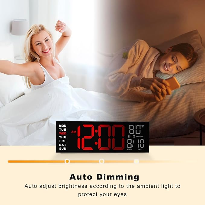 JALL 16" Large Digital Wall Mount Clock, Count Down Timer, Alarm, Big LED, RGB Color, DST, Temperature for Living Room Classroom Desk, Xmas, Birthday Gift for Senior Mom Dad (Red White, 16 inches)