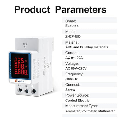 Exqutoo Digital Display Energy Meter - AC Rail-Mounted Meter Electricity Usage Monitor for Voltage, Current, and Energy Consumption Measurement - GT2P-UID, AC 80~270V, 0~100A, 50/60Hz