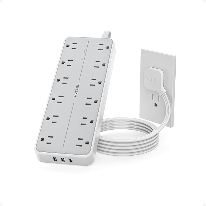 TESSAN Surge Protector Power Strip, Extension Cord with Multiple Outlets, 12 AC Outlets, 3 USB Ports(1 USB C), Flat Wall Plug, 5 Ft, 1700 Joules Protection for Home Office Dorm Room Essentials