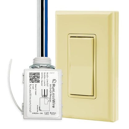 RunLessWire Single Pole Battery-Free DIY Wireless Light Switch Kit 150ft RF Range Self-Powered by Kinetic Energy for Fixtures & Outlets : 1 Remote Switch Controls 1 5A On/Off Receiver – Ivory