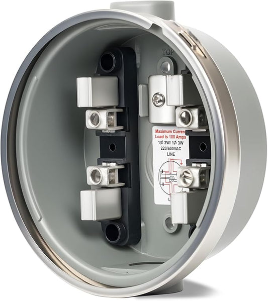 100 Amp Meter Socket, 4 Jaw Meter Base, 240V 3 Wire Ring Type, with Horn Bypass Meter Cover Plate, Suitable for Overhead/Underground Feed