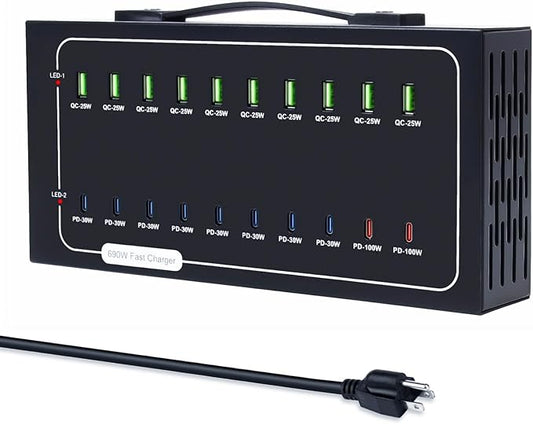 690W USB Charging Station, 20 Port Fast Charging Station for Multiple Devices, PD 100W USB C Charger Block, Smart Power Delivery & Multi Protection for Laptop MacBook iPhone, iPad, Tablet, and More