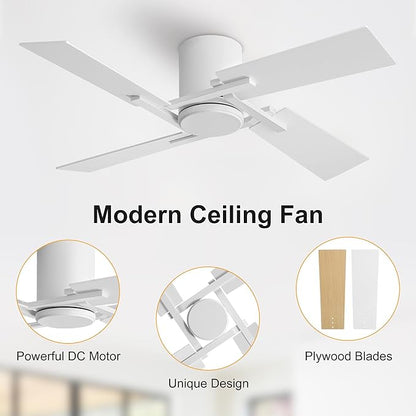 WINGBO 48 Inch Flush Mount Ceiling Fan without Light - 4 Plywood Blades, 6-Speed Reversible DC Motor, Noiseless Low Profile Ceiling Fan No Light for Bedroom Living Room, White and Oak/White