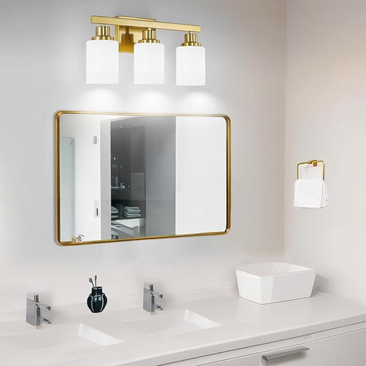 DIKAIDA 3-Light Gold Bathroom Light Fixtures, Modern Vanity Light with Milky White Glass Shade, Gold Wall Lamp Sconces for Mirror, Bedroom, Living Room, Hallway